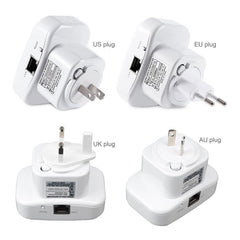 A white WiFi repeater with indicator lights for power, wireless, WPS, LAN, and signal strength.