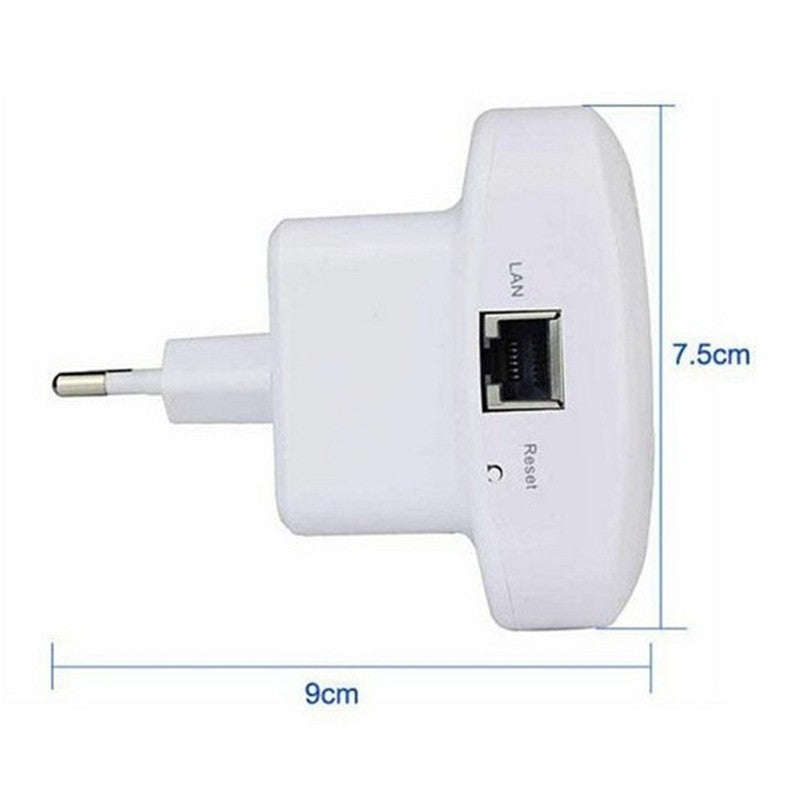 A white WiFi repeater with indicator lights for power, wireless, WPS, LAN, and signal strength.