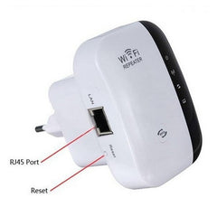 A white WiFi repeater with indicator lights for power, wireless, WPS, LAN, and signal strength.