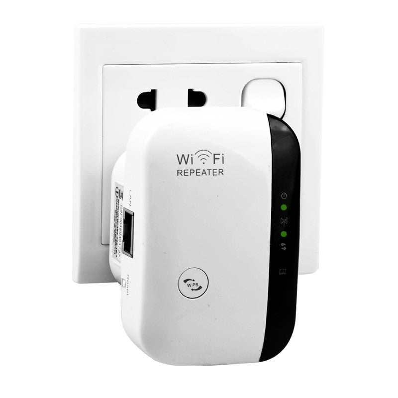 A white WiFi repeater with indicator lights for power, wireless, WPS, LAN, and signal strength.
