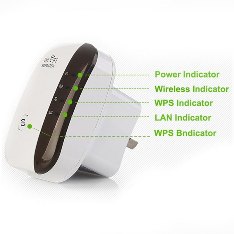 A white WiFi repeater with indicator lights for power, wireless, WPS, LAN, and signal strength.
