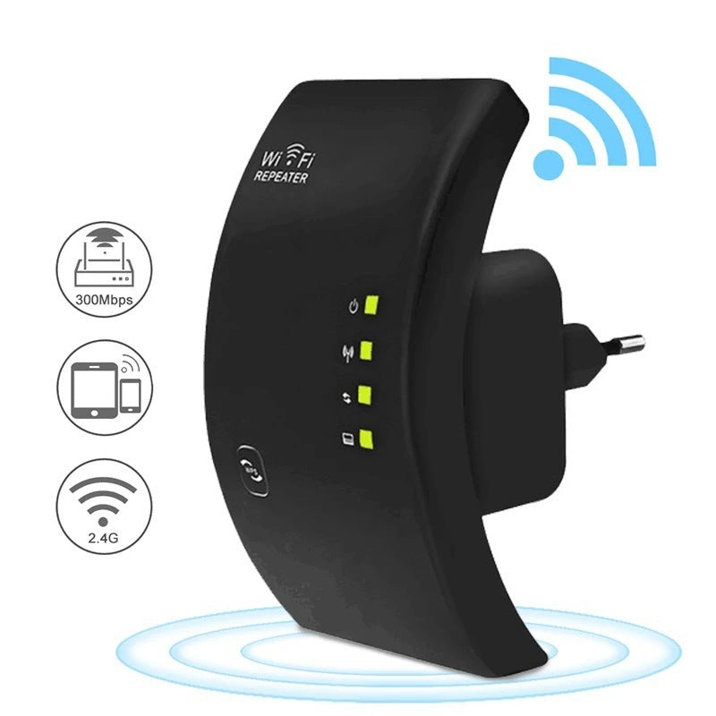 A black WiFi repeater device with signal bars indicating signal strength, and icons for WiFi and Ethernet connectivity.