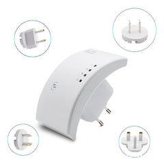 A black WiFi repeater device with signal bars indicating signal strength, and icons for WiFi and Ethernet connectivity.