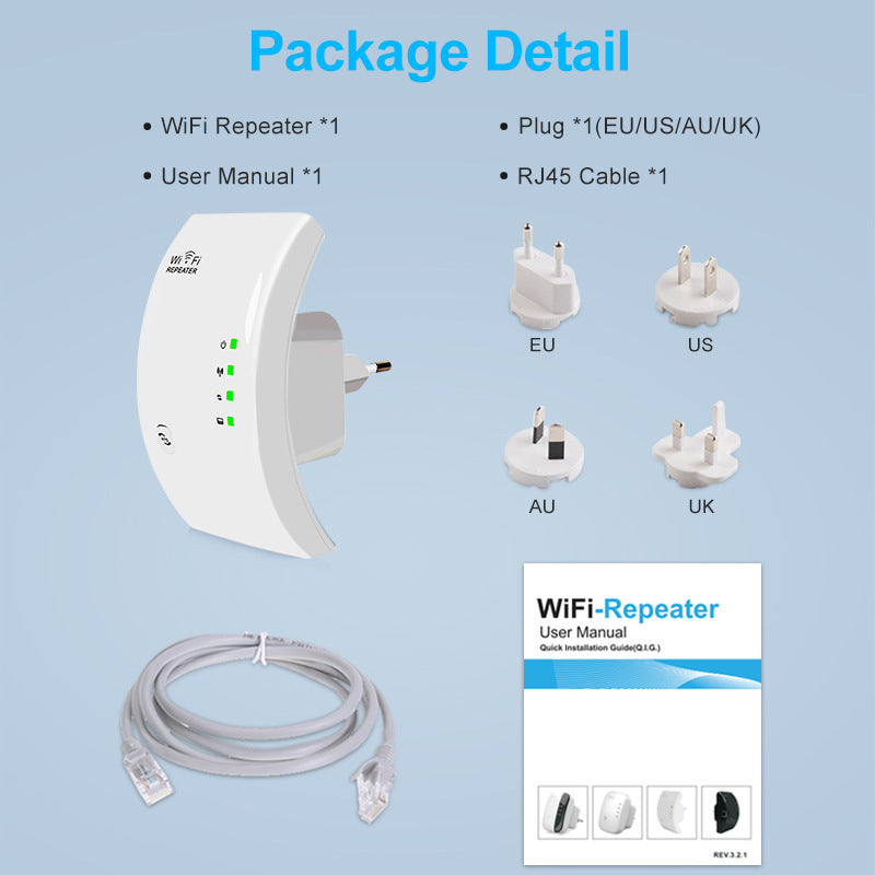 A black WiFi repeater device with signal bars indicating signal strength, and icons for WiFi and Ethernet connectivity.