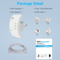 A black WiFi repeater device with signal bars indicating signal strength, and icons for WiFi and Ethernet connectivity.