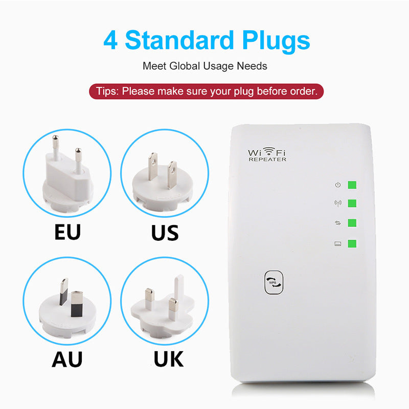 A black WiFi repeater device with signal bars indicating signal strength, and icons for WiFi and Ethernet connectivity.