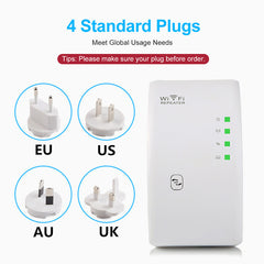 A black WiFi repeater device with signal bars indicating signal strength, and icons for WiFi and Ethernet connectivity.