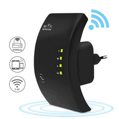 A black WiFi repeater device with signal bars indicating signal strength, and icons for WiFi and Ethernet connectivity.