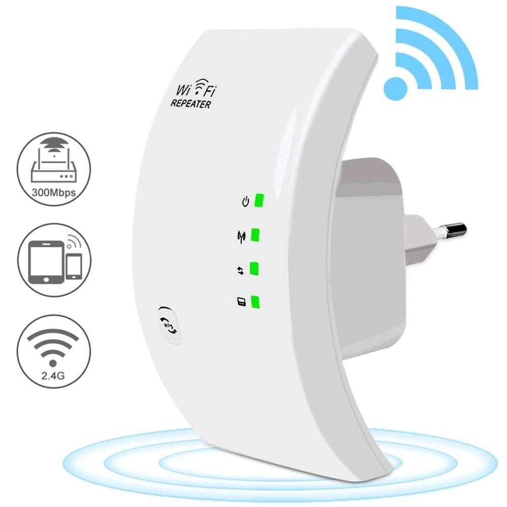 A black WiFi repeater device with signal bars indicating signal strength, and icons for WiFi and Ethernet connectivity.