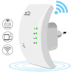 A black WiFi repeater device with signal bars indicating signal strength, and icons for WiFi and Ethernet connectivity.