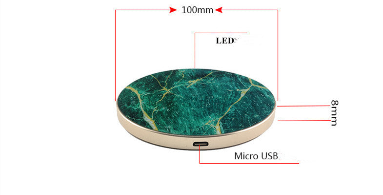 A collection of wireless chargers with a circular design, available in white, black, and green colors, with a marble pattern and a gold edge.