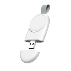 A white wireless charger mounted on a wall, charging a white Apple Watch.