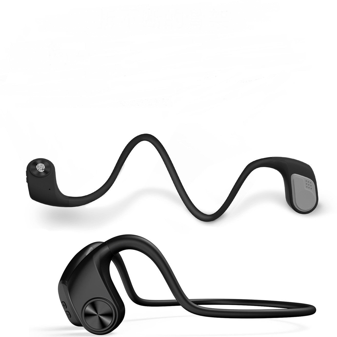 Black wireless earbuds with a flexible cable.