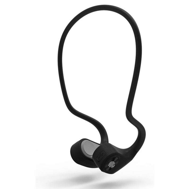 Black wireless earbuds with a cable