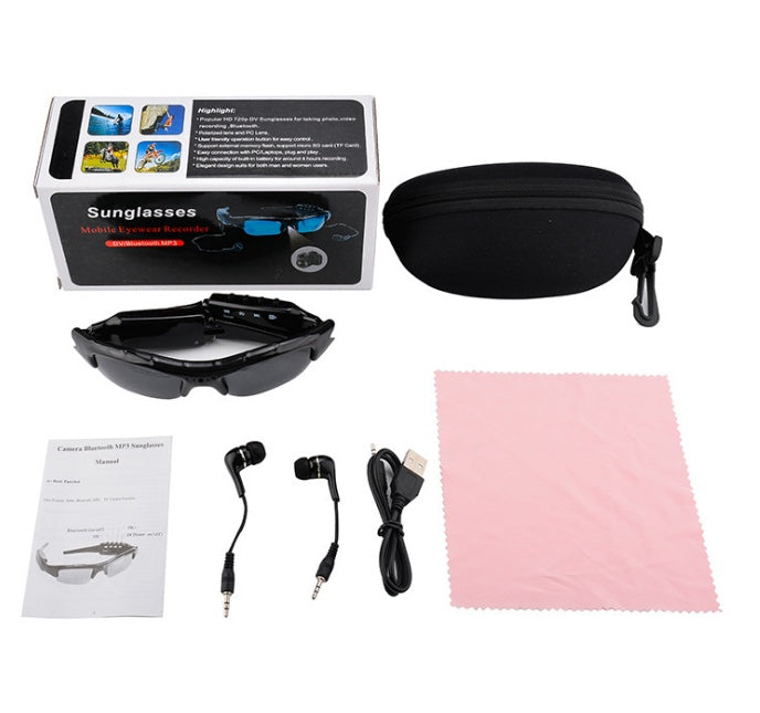 Set of sunglasses with accessories including a box, case, cleaning cloth, and cables.