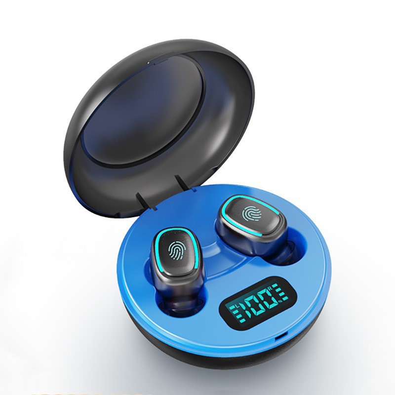 Blue and black wireless earbuds in a charging case on a white background